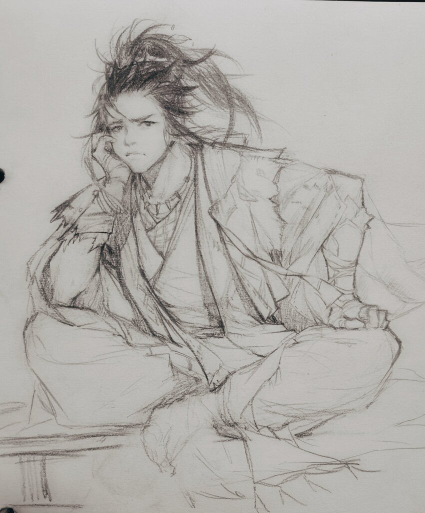 1boy, bracelet, chinese_clothes, chinese_commentary, fingerless_gloves, frown, full_body, furrowed_brow