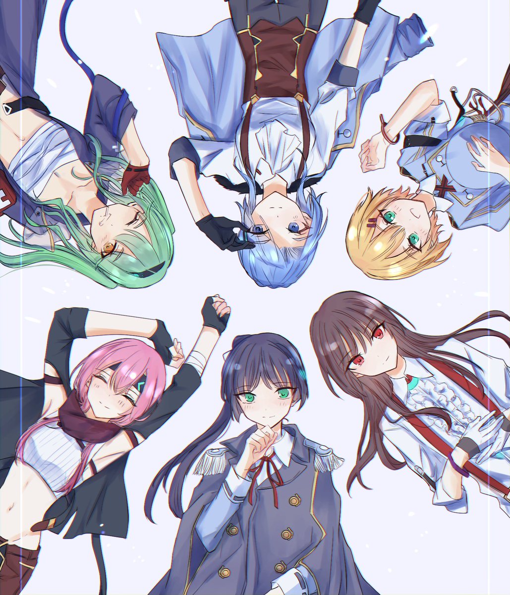 6+girls, bandaged_chest, black_gloves, black_hair, blonde_hair, blue_eyes, blue_hair, blunt_bangs