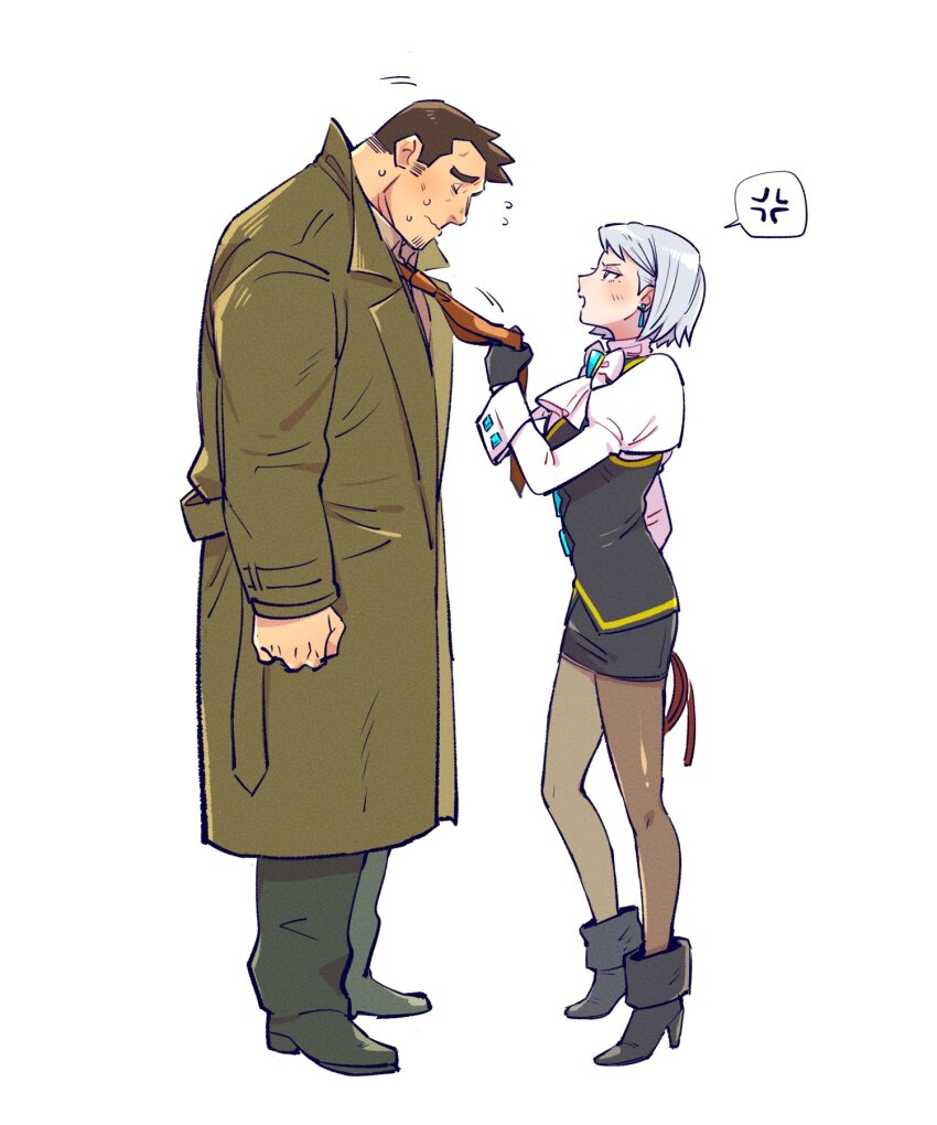1boy, 1girl, ace_attorney, anger_vein, arms_at_sides, ascot, black_gloves, black_pants