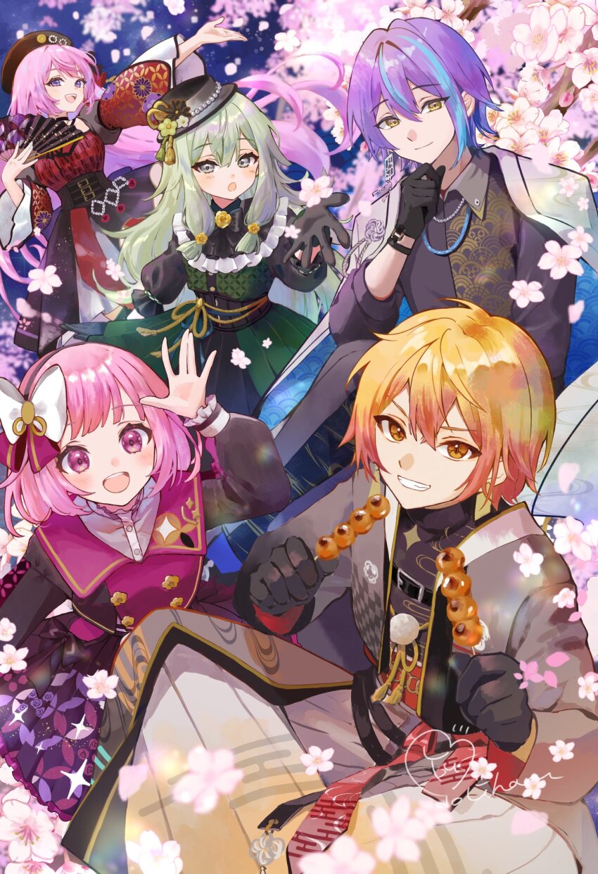 2boys, 3girls, :d, :o, \||/, acrylic_paint_(medium), black_gloves, black_ribbon