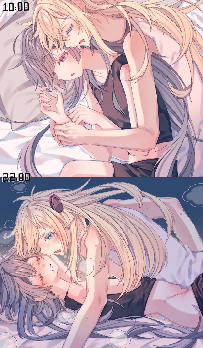 2girls, black_necktie, blonde_hair, blush, breasts, brown_necktie, clothed_sex, collared_dress