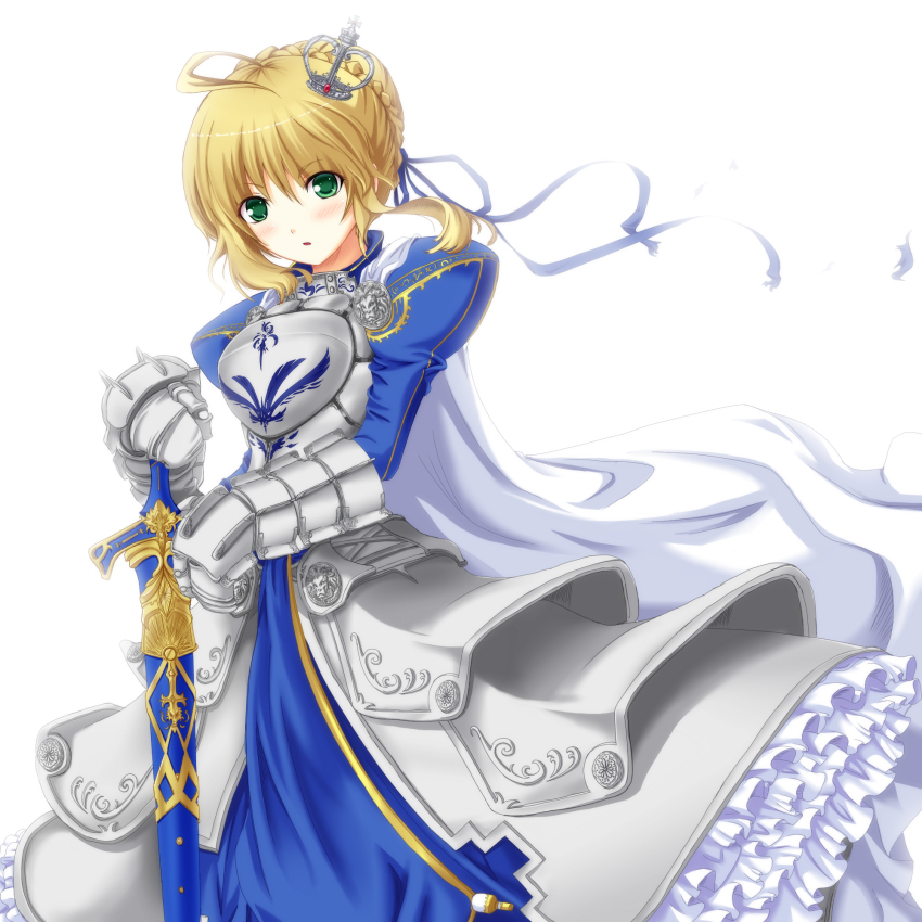 1girl, ahoge, armor, armored_dress, artoria_pendragon_(fate), blonde_hair, caliburn_(fate), cape