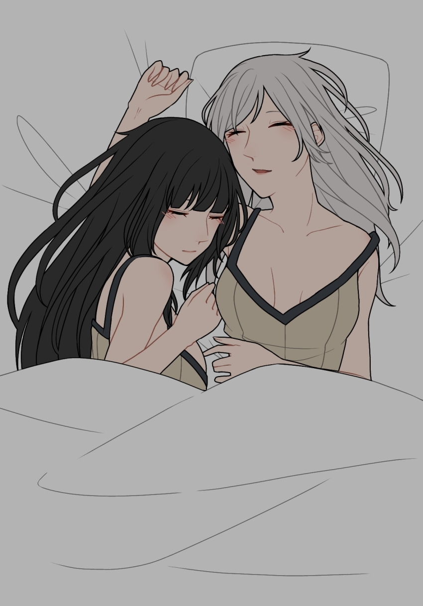 2girls, alternate_hairstyle, ao_saryaruhu, arm_up, armpit_crease, armpits, bed, bed_sheet, bedroom, black_hair, blush_stickers, breasts, cleavage, clenched_hand, closed_eyes, collared_shirt, cosplay, couple, eyelashes, female_focus, female_robin_(fire_emblem), female_robin_(fire_emblem)_(cosplay), fingernails, fire_emblem, fire_emblem_awakening, hair_down, hands_up, highres, hime_cut, implied_after_sex, indoors, large_breasts, medium_breasts, messy_hair, multiple_girls, neck, nintendo, no_coat, missing_headwear, off-shoulder_shirt, off_shoulder, on_bed, pillow, shirt, sidelocks, sleeping, sleeveless, sleeveless_shirt, swept_bangs, tharja_(fire_emblem), white_hair, yuri