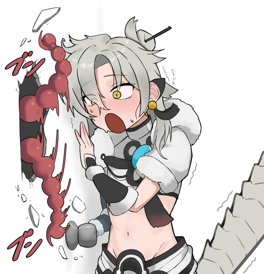 1boy, absurdres, arm_warmers, black_arm_warmers, blush, breaking, breaking_through_wall, capelet, commentary_request, crop_top, cropped_shirt, doorknob, dragon_tail, dracotail_lukias, dracotail_mululu, duel_monster, ear_covers, earrings, fur-trimmed_capelet, fur_trim, groin, hair_between_eyes, hair_bun, hair_ornament, hair_stick, hakama, hakama_pants, here's_johnny!_(meme), highres, hole_in_wall, japanese_clothes, jewelry, long_hair, male_focus, meme, midriff, navel, open_mouth, pants, scared, scene_reference, shirt, short_sleeves, sidelocks, simple_background, solo_focus, standing, sweat, tail, tail_raised, tassel, tassel_earrings, wa_tsuji, white_background, white_capelet, white_hakama, white_shirt, yellow_eyes, yu-gi-oh!