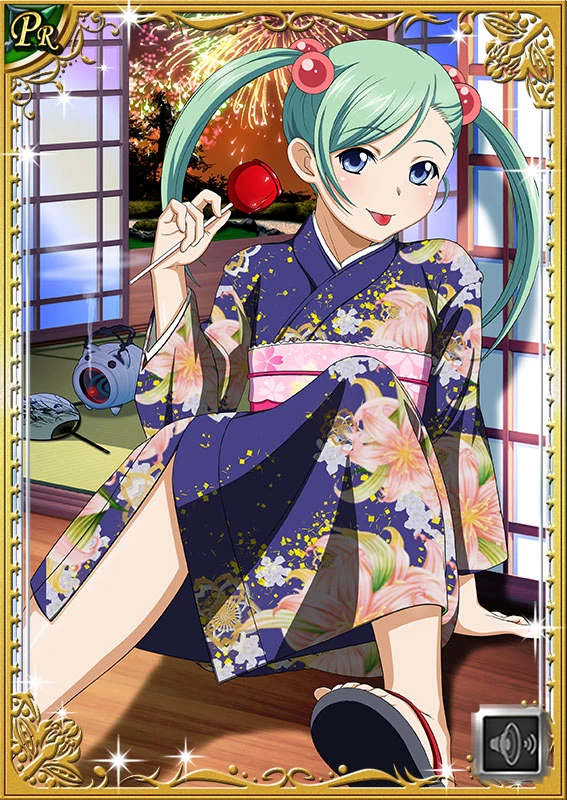 1girl, aqua_hair, candied_fruit, card_(medium), female_focus, fireworks, hair_bobbles, hair_ornament, hand_fan, holding, ikkitousen, japanese_clothes, kimono, long_hair, long_sleeves, looking_at_viewer, magatama, no_socks, paper_fan, sandals, shokatsuryou_koumei, sitting, solo, swept_bangs, tongue, tongue_out, uchiwa