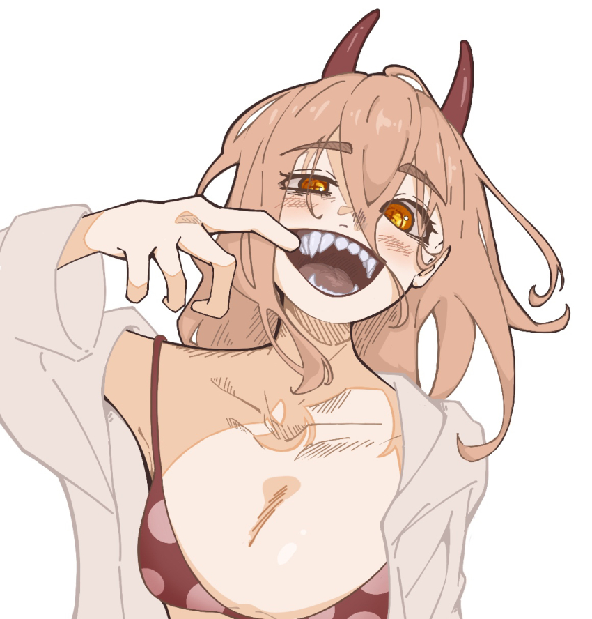 1girl, bikini, chainsaw_man, commentary, demon_girl, demon_horns, glowing, glowing_eyes