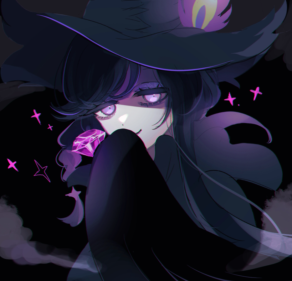 1girl, bags_under_eyes, black_background, black_hair, black_hat, black_robe, braid, closed_mouth