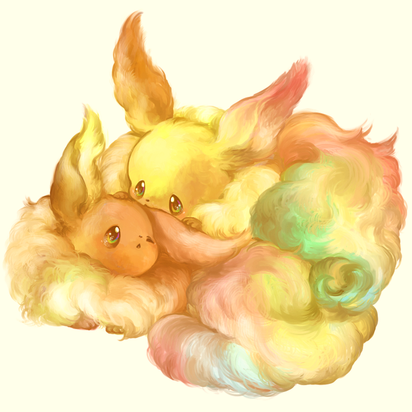 animal_focus, commentary_request, eevee, evolutionary_line, flareon, fluffy, full_body, gen_1_pokemon, green_eyes, kumt_8, nintendo, no_humans, pokemon, pokemon_(creature), simple_background, solo, white_background