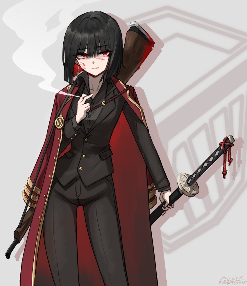 1girl, 99dulgi, black_hair, black_suit, blood, blood_on_face, bob_cut, breasts, cigarette, coat, coat_on_shoulders, collarbone, collared_shirt, commentary_request, formal_clothes, gun, gun_on_back, highres, holding, holding_cigarette, holding_sheath, jacket, korean_commentary, limbus_company, long_hair, long_sleeves, looking_at_viewer, ootachi, pants, project_moon, red_eyes, ryoshu_(project_moon), scabbard, sheath, sheathed, shirt, short_hair, simple_background, small_breasts, smile, smoking, solo, suit, weapon, weapon_on_back