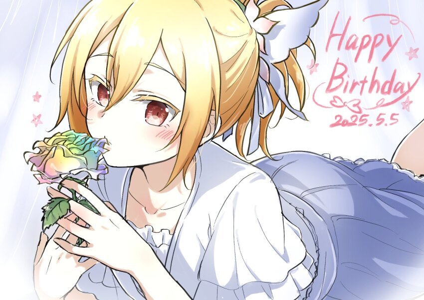 1girl, blonde_hair, blue_flower, blue_skirt, blush, butterfly_hair_ornament, collarbone, dated