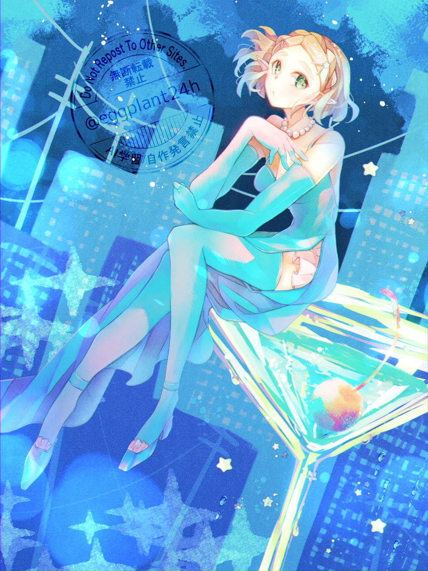 1girl, absurdres, bare_shoulders, blonde_hair, braid, cityscape, cocktail_glass, contemporary, crown_braid, cup, dress, drinking_glass, eggplant24h, elbow_gloves, full_body, gloves, green_eyes, high_heels, highres, jewelry, looking_at_viewer, necklace, nintendo, pearl_necklace, pointy_ears, princess_zelda, side_slit, sitting, solo, strapless, strapless_dress, the_legend_of_zelda, the_legend_of_zelda:_tears_of_the_kingdom, thighhighs