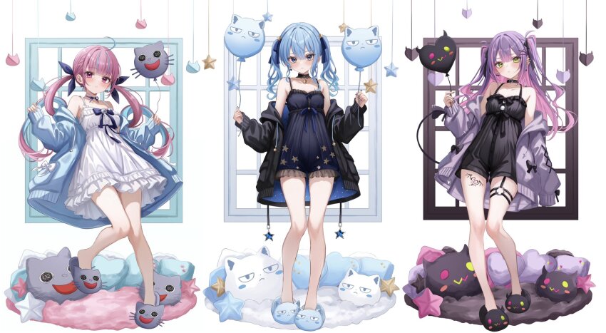 3girls, ahoge, alternate_costume, animal_balloon, animal_slippers, aqua_hair, balloon, bare_legs