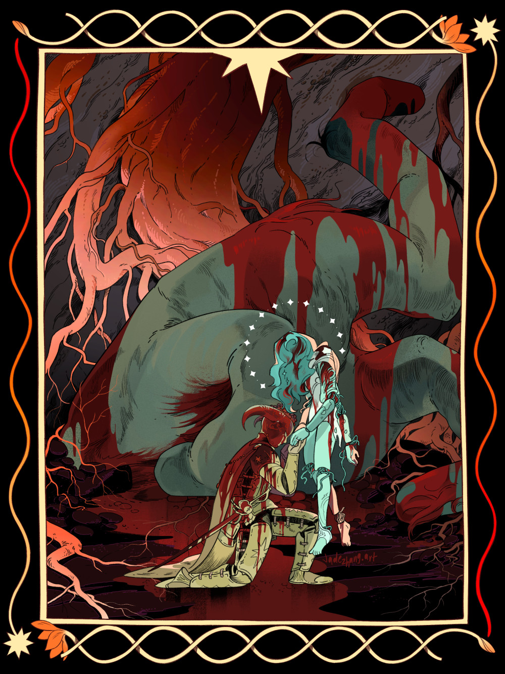 armor, blood, blood_on_clothes, blood_on_ground, bloody_weapon, blue_hair, blue_skin, colored_skin