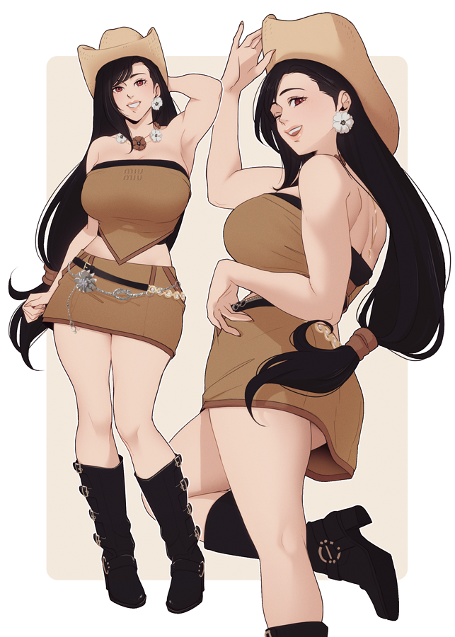 1girl, adjusting_clothes, adjusting_headwear, arm_behind_head, arm_up, armpits, bare_arms, bare_legs, bare_shoulders, belt, black_boots, black_hair, boots, border, breasts, brown_hat, brown_shirt, brown_skirt, closed_mouth, commentary, cosplay, cowboy_hat, cowboy_shot, crop_top, earrings, english_commentary, final_fantasy, final_fantasy_vii, flower, flower_earrings, flower_necklace, foot_out_of_frame, foot_up, from_behind, from_side, full_body, hair_behind_ear, hand_on_headwear, hanpetos, hat, hat_tip, high_heel_boots, high_heels, ive_(group), jang_wonyoung_(cosplay), jewelry, kneepits, large_breasts, lips, long_hair, looking_at_viewer, looking_to_the_side, low-tied_long_hair, midriff_peek, miniskirt, multiple_views, necklace, one_eye_closed, open_mouth, outside_border, pink_lips, red_eyes, shirt, single_sidelock, skirt, smile, standing, standing_on_one_leg, strapless, swept_bangs, teeth, tifa_lockhart, tifa_lockhart_(cowgirl), upper_teeth_only, very_long_hair, white_border, jang_wonyoung, xainaa, y2k_fashion