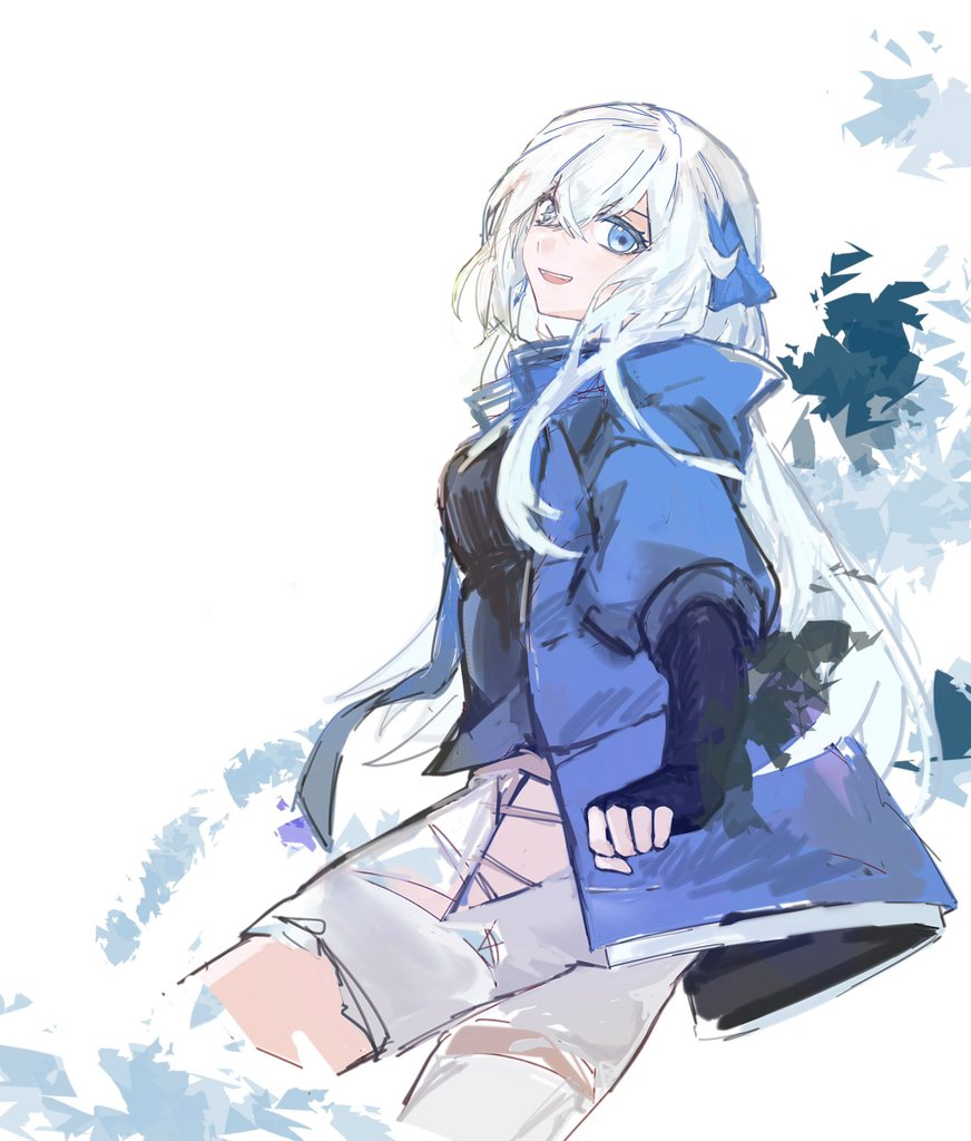 1girl, asymmetrical_legwear, breasts, crossed_bangs, denim, double-parted_bangs, eiyuu_densetsu, floating_neckwear, hair_between_eyes, half_updo, jacket, jeans, just_passerbyc, kuro_no_kiseki, kuro_no_kiseki_(series), kuro_no_kiseki_ii, large_breasts, long_hair, looking_at_viewer, necktie, open_clothes, open_jacket, pants, shizuna_rem_misurugi, sidelocks, smile, solo, torn_clothes, torn_jeans, torn_pants, white_hair