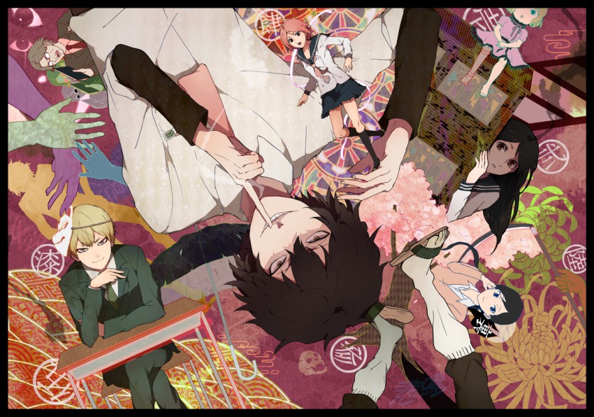 3boys, 3girls, black_hair, blonde_hair, cherry_blossoms, desk, doll, finger_to_mouth, flower, fox_mask, grin, index_finger_raised, kiben_gakuha_yotsuya-senpai_no_kaidan, komachi-sensei, kudou_tadanobu, mask, messy_hair, multiple_boys, multiple_girls, nakashima_makoto, necktie, patterned, peeking_out, qp_db, rinnagi, sandals, school_uniform, scythe, serafuku, shaded_face, shinamo-sensei, short_hair, shushing, silhouette, sitting, smile, socks, umbrella, yayoi_hinano, yellow_eyes, yotsuya_buntarou