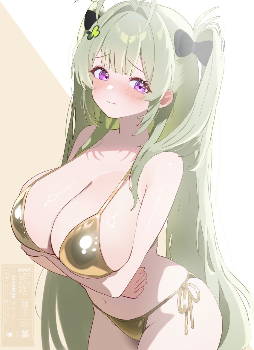 1girl, absurdres, antenna_hair, arms_under_breasts, bikini, blush, breasts, cleavage, closed_mouth, goddess_of_victory:_nikke, gold_bikini, green_hair, hair_ornament, highres, huge_breasts, kotha_art, long_hair, looking_at_viewer, navel, purple_eyes, side-tie_bikini_bottom, sidelocks, soda_(nikke), solo, stomach, swimsuit, twintails, very_long_hair