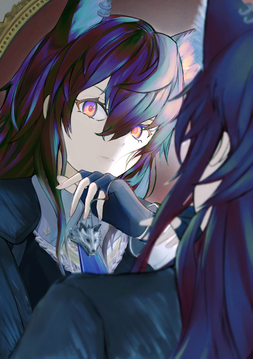 absurdres, animal_ear_fluff, animal_ears, arknights, black_gloves, black_hair, blue_hair, blunt_bangs