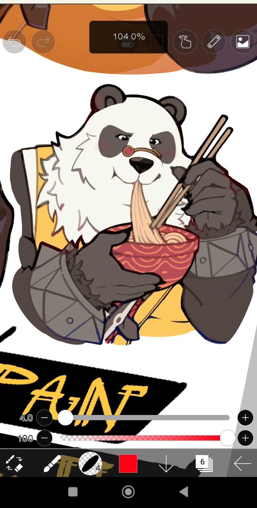 1boy, animal_ears, art_program_in_frame, bara, black_fur, blush, bowl, bracelet, chinese_clothes, chopsticks, claws, commentary, dododoonut, eating, english_commentary, fat, fat_man, food, furry, furry_male, highres, holding, holding_bowl, holding_chopsticks, ibispaint_(medium), jewelry, male_focus, multicolored_fur, noodles, pan_yinhu, panda_boy, panda_ears, ramen, round_eyewear, shirt, slurping, spiked_bracelet, spikes, white_fur, yellow_shirt, zenless_zone_zero