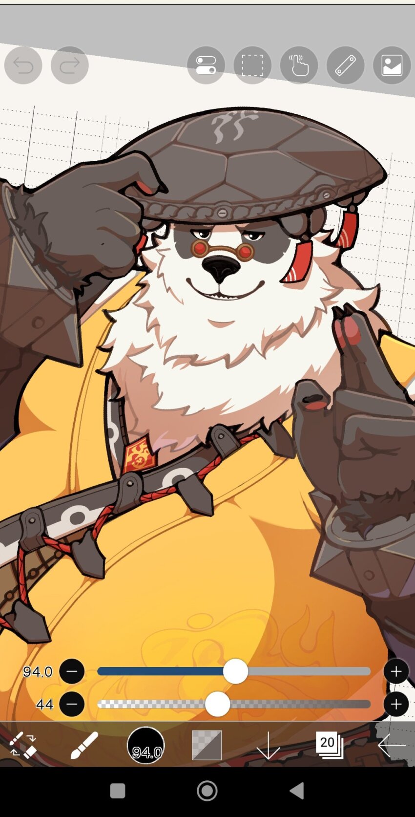 1boy, animal_ears, art_program_in_frame, bara, black_fur, bracelet, chinese_clothes, claws