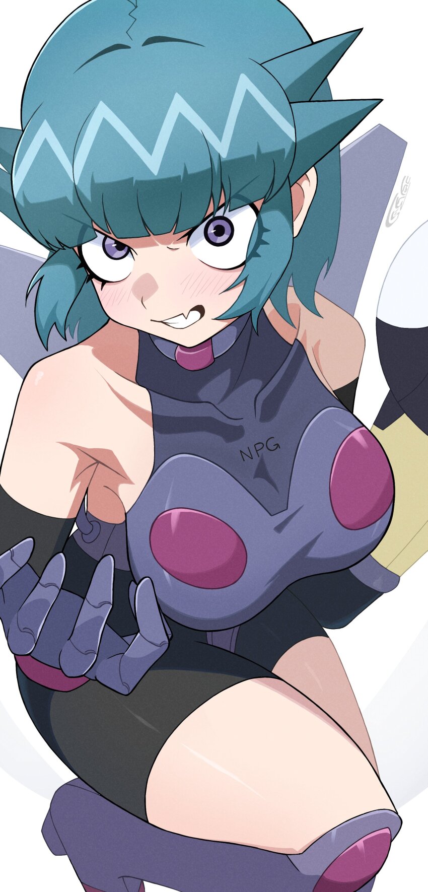 absurdres, armor, bare_shoulders, bike_shorts, blue_hair, breasts, fang, gauntlets