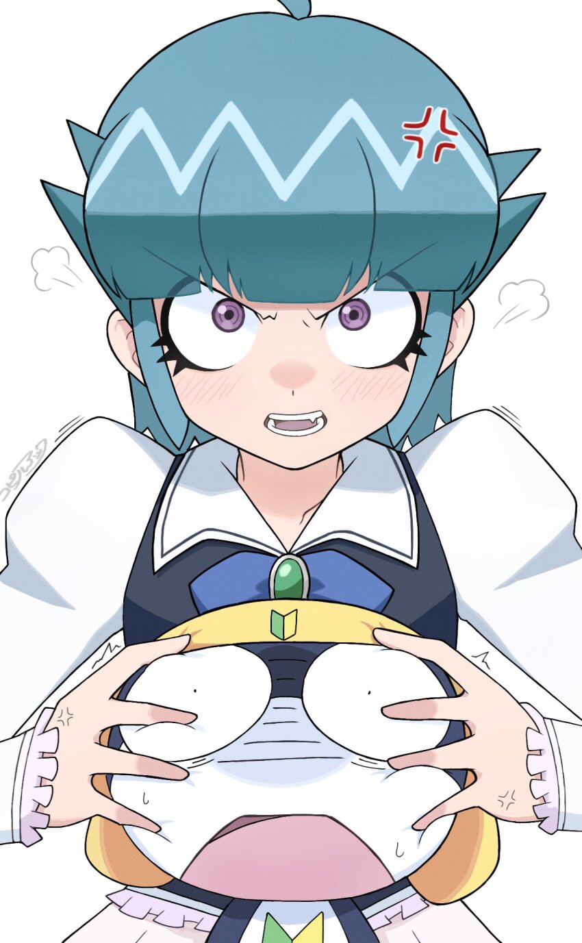 1boy, 1girl, angry, black_skin, blue_bow, blue_hair, bow, breasts