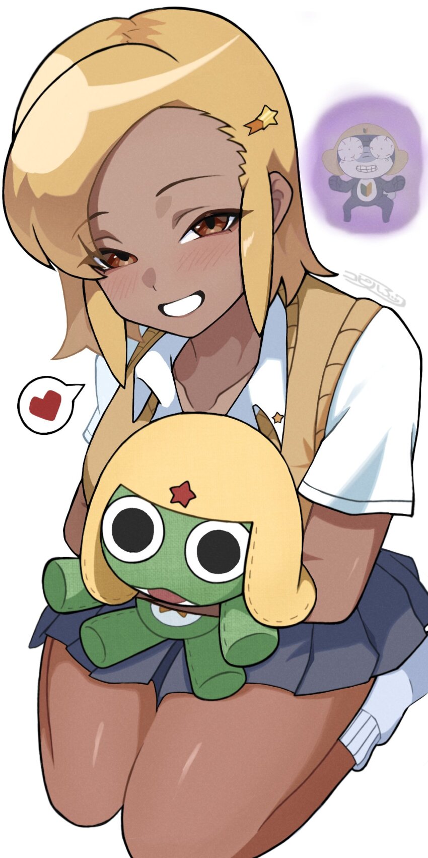 1girl, angol_mois, angry, blush, breasts, brown_eyes, character_doll, collared_shirt, commentary_request, dark-skinned_female, dark_skin, doll, gyaru, hair_ornament, hairclip, hat, heart, highres, holding, holding_doll, keroro, keroro_gunsou, kogal, kohiru_atsuku, large_breasts, o_o, open_mouth, red_star, school_uniform, shirt, short_sleeves, shoshinsha_mark, sitting, spoken_heart, star_(symbol), tamama, wariza