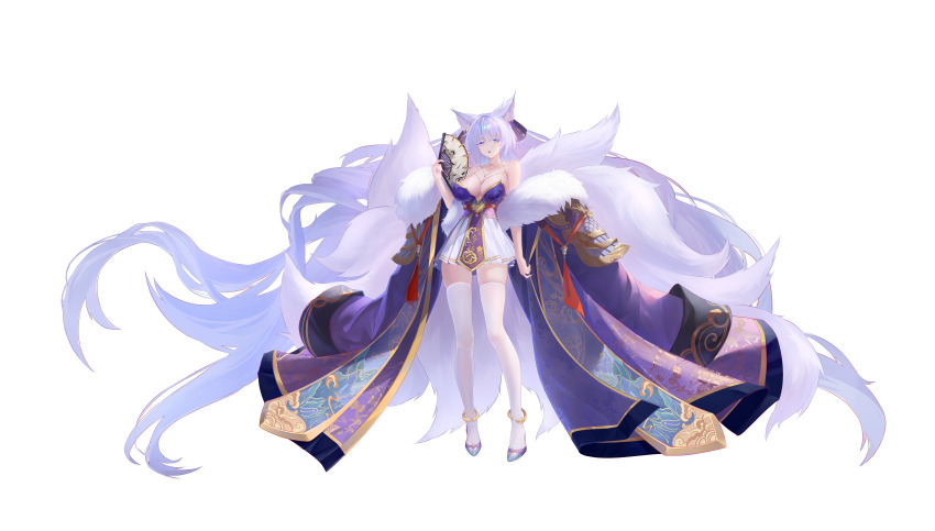 1girl, absurdly_long_hair, absurdres, breasts, fox_girl, gold_trim, hand_fan, highres