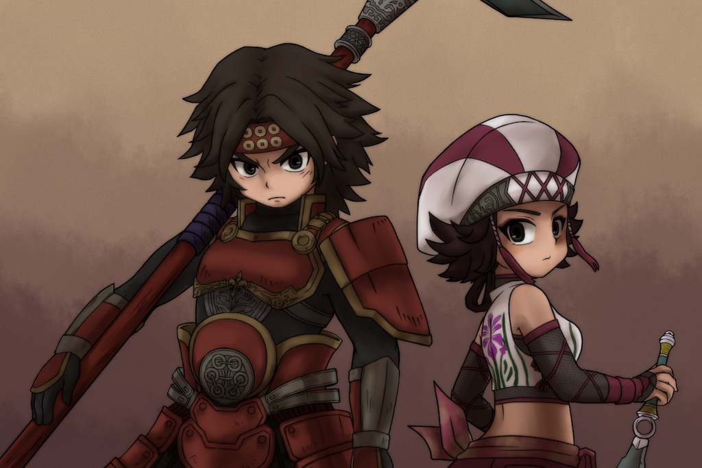 armor, back-to-back, beret, brown_eyes, brown_hair, crop_top, dagger, hat