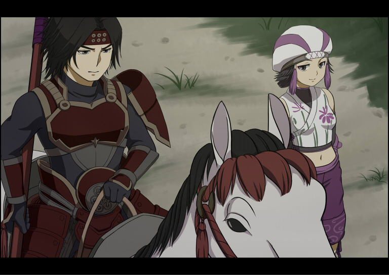 armor, brown_hair, crop_top, headband, horse, japanese_clothes, kunoichi_(sengoku_musou), midorijikano