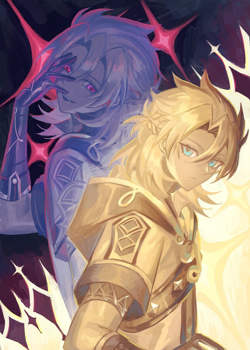 2boys, albedo_(genshin_impact), aqua_eyes, braid, closed_mouth, commentary, dual_persona, english_commentary