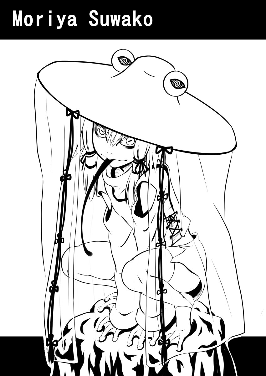 1girl, absurdres, all_fours, ayana_mizuki, english_text, frog_girl, greyscale, hair_ribbon