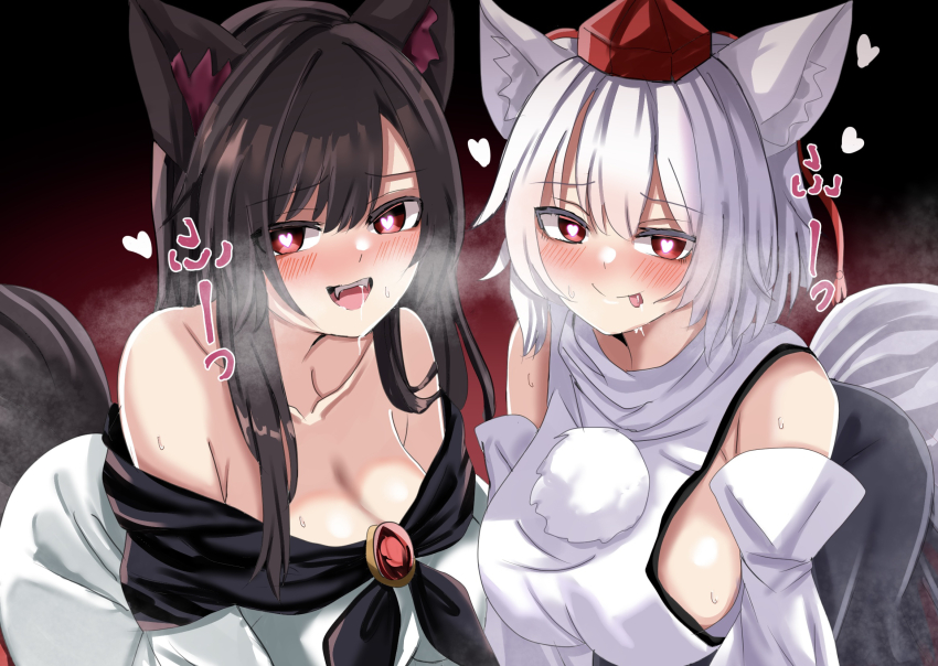 2girls, amakaze16, animal_ears, blush, breasts, brooch, brown_hair, cleavage, dress, hat, heart, heart-shaped_pupils, heavy_breathing, highres, imaizumi_kagerou, in_heat, inubashiri_momiji, jewelry, large_breasts, long_hair, looking_at_viewer, multiple_girls, open_mouth, saliva, short_hair, sideboob, smile, symbol-shaped_pupils, tail, tokin_hat, tongue, tongue_out, touhou, upper_body, white_hair, wolf_ears, wolf_girl, wolf_tail
