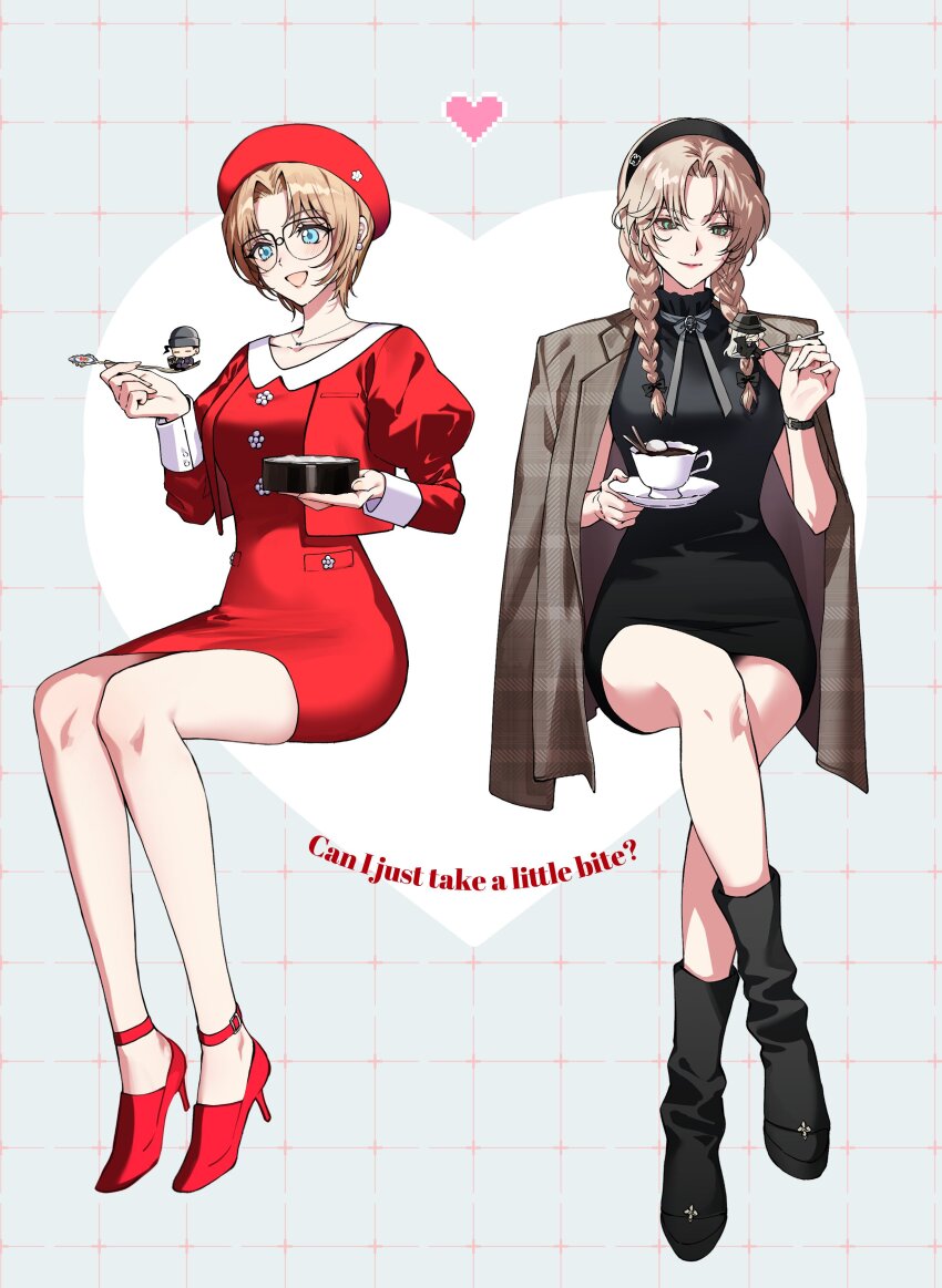 2girls, absurdres, akai_shuuichi, beret, black_boots, black_dress, boots, braid