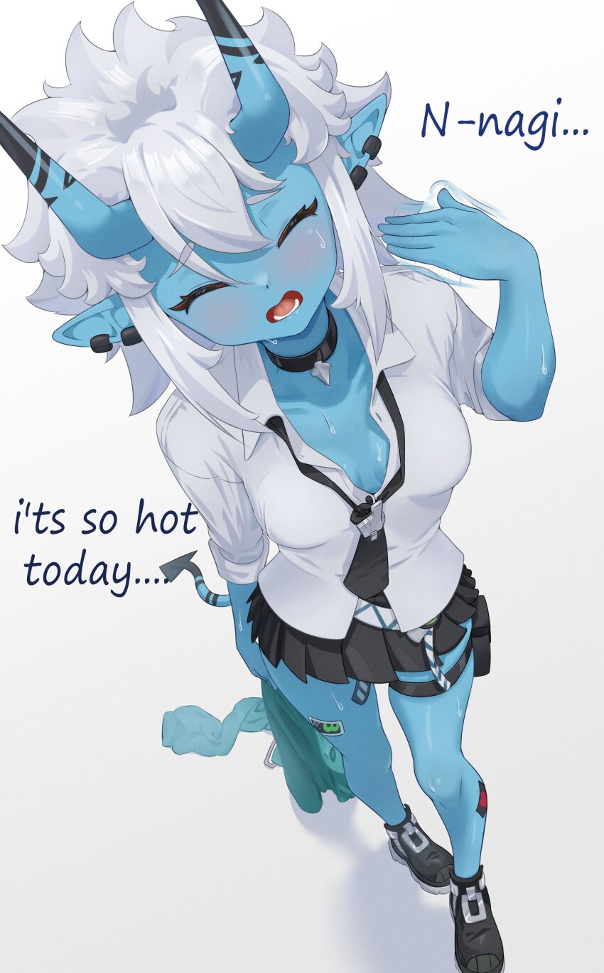 1girl, absurdres, bare_legs, black_choker, black_necktie, black_shoes, black_skirt, blue_skin