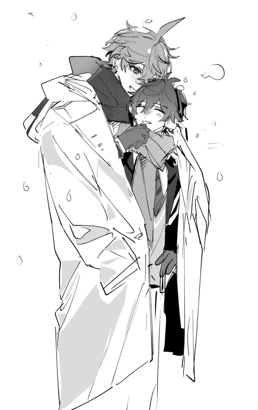 2boys, alternate_costume, coat, earmuffs, genshin_impact, greyscale, hamtaru542899, highres