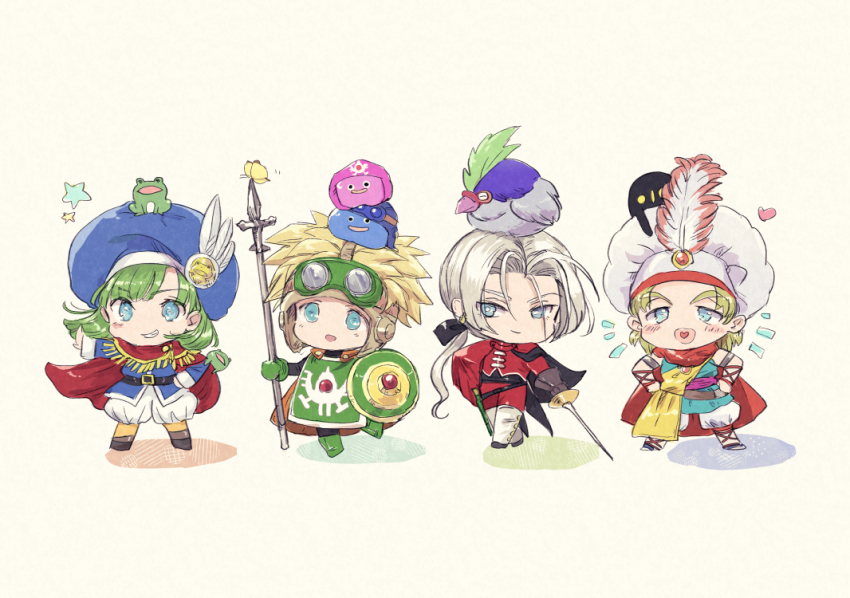 4boys, animal, animal_on_head, aqua_eyes, aqua_tunic, bird, bird_on_head, black_bow, blonde_hair, blue_hat, blue_shirt, blunt_bangs, bow, bug, butterfly, cape, capelet, chibi, commentary_request, creature_on_head, dragon_quest, dragon_quest_ii, dragon_quest_v, dragon_quest_viii, dragon_quest_xi, dual_wielding, faris_(dq11), frog, frog_on_head, goggles, goggles_on_head, green_hair, green_tabard, grin, hair_bow, hat, hat_feather, heart, henry_(dq5), holding, holding_polearm, holding_shield, holding_sword, holding_weapon, in-franchise_crossover, insect, kukuru_(dq8), longdenkikettle, low_ponytail, male_focus, multiple_boys, on_head, open_mouth, orange_cape, pants, parted_bangs, polearm, ponytail, prince_of_lorasia, prince_of_samantoria, princess_of_moonbrook, puffy_shorts, rapier, red_cape, red_capelet, roto's_emblem, shield, shirt, shorts, slime_(dragon_quest), smile, spiked_hair, star_(symbol), sword, tabard, tockle_(dq11), tunic, weapon, white_hair, white_pants, white_shorts