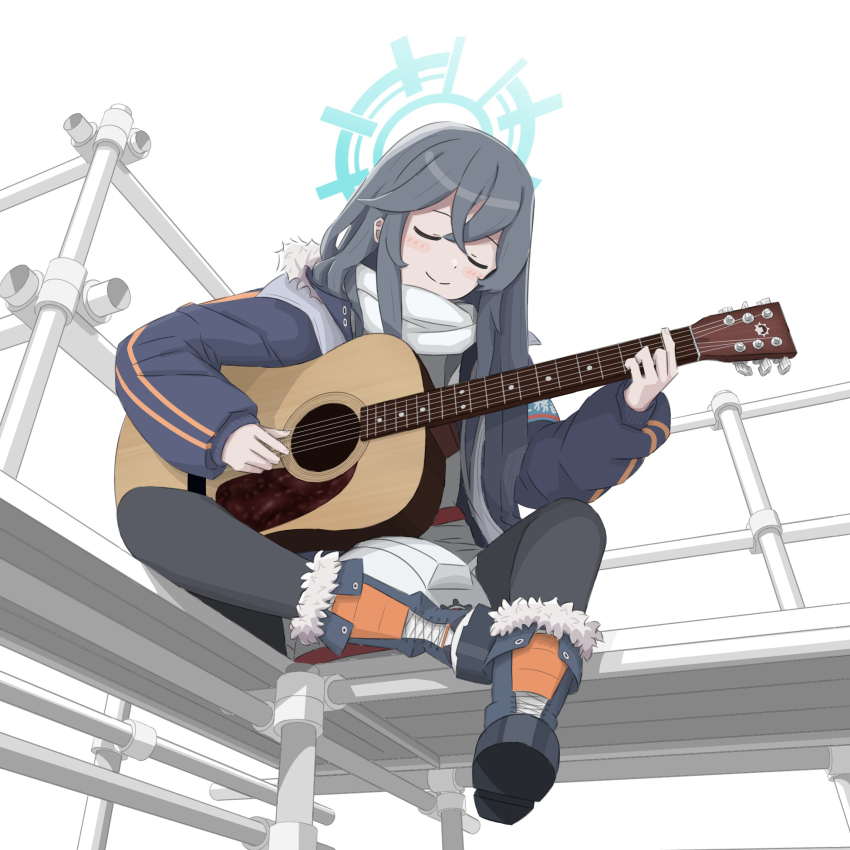 1girl, armband, black_boots, black_hair, black_jacket, black_pantyhose, blue_archive, blue_armband