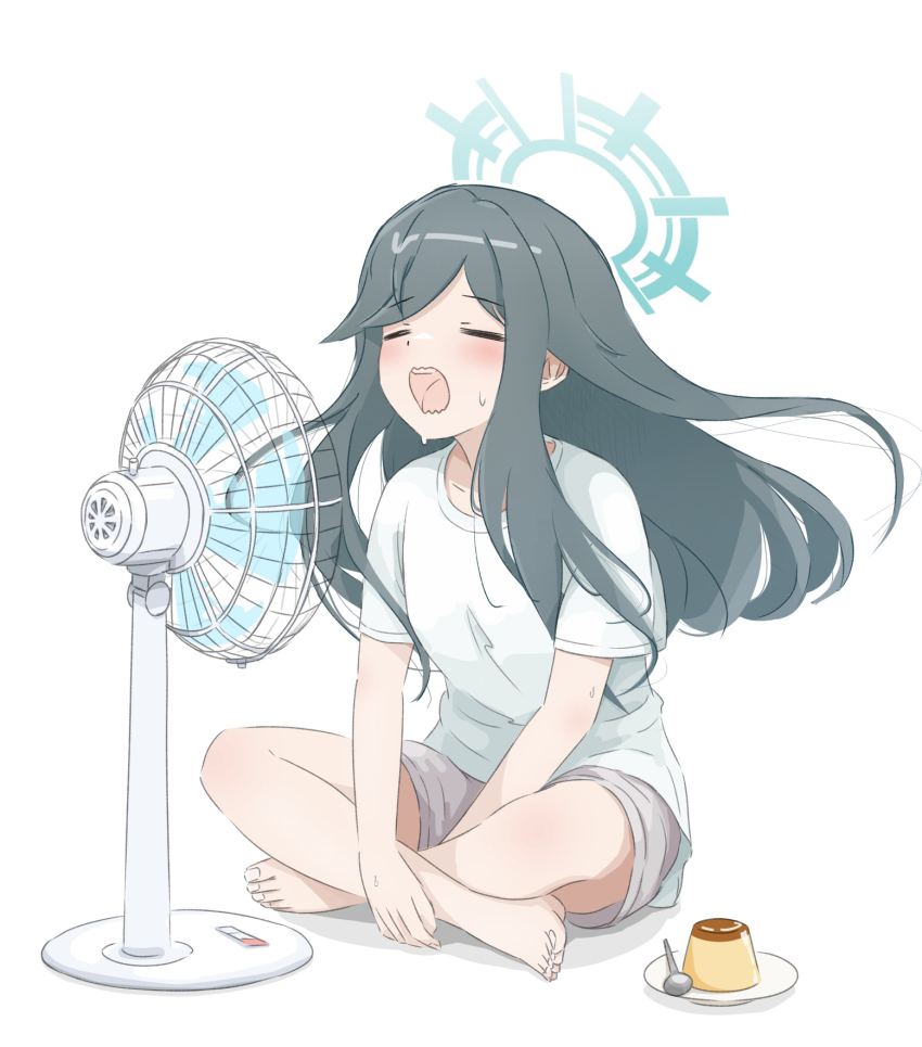 1girl, barefoot, black_hair, blue_archive, blue_halo, closed_eyes, electric_fan, food