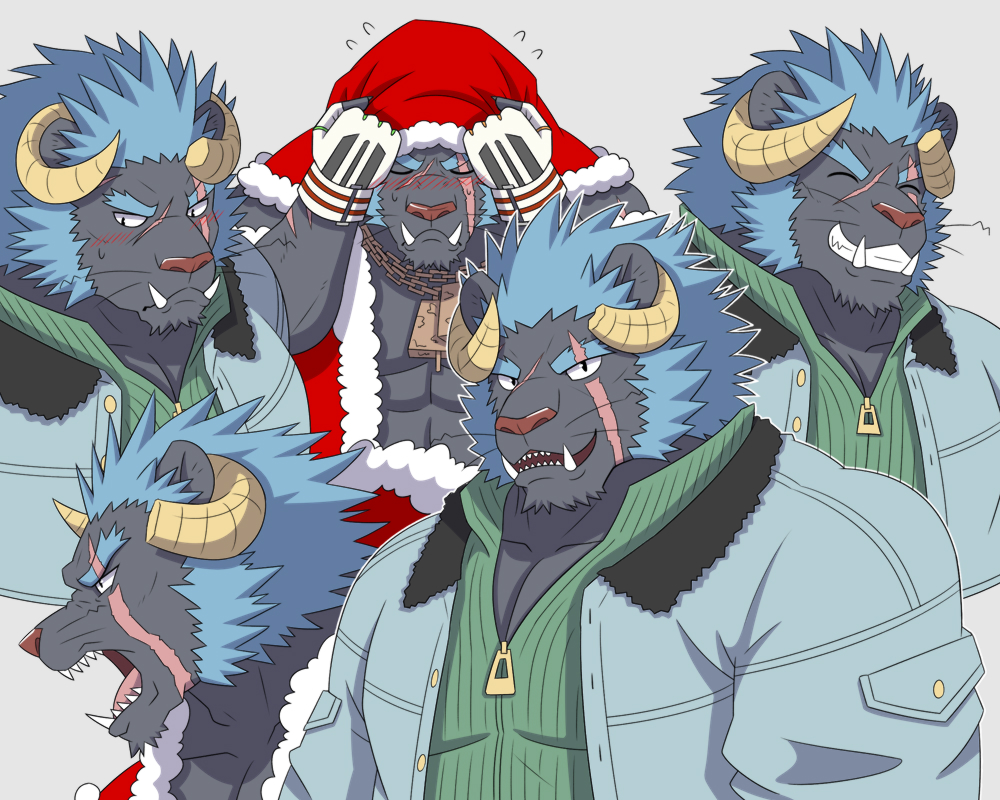 1boy, bara, blush, broken_horn, closed_eyes, commentary_request, facing_viewer, furry