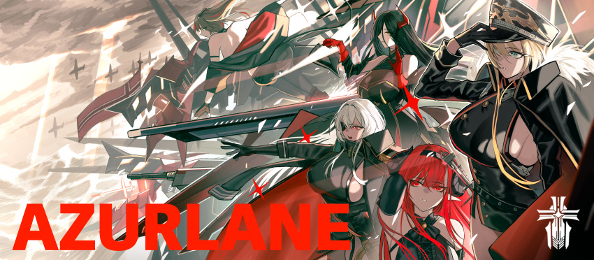 5girls, absurdres, aircraft, airplane, azur_lane, bare_shoulders, bismarck_(azur_lane), bismarck_zwei_(azur_lane)