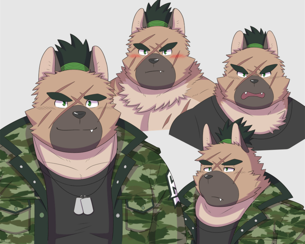 1boy, animal_ears, annoyed, bara, black_shirt, blush, camouflage, camouflage_jacket