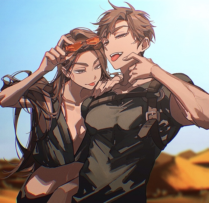 1boy, 1girl, 2_blankk, adjusting_eyewear, alien_stage, black_shirt, brother_and_sister, brown_hair