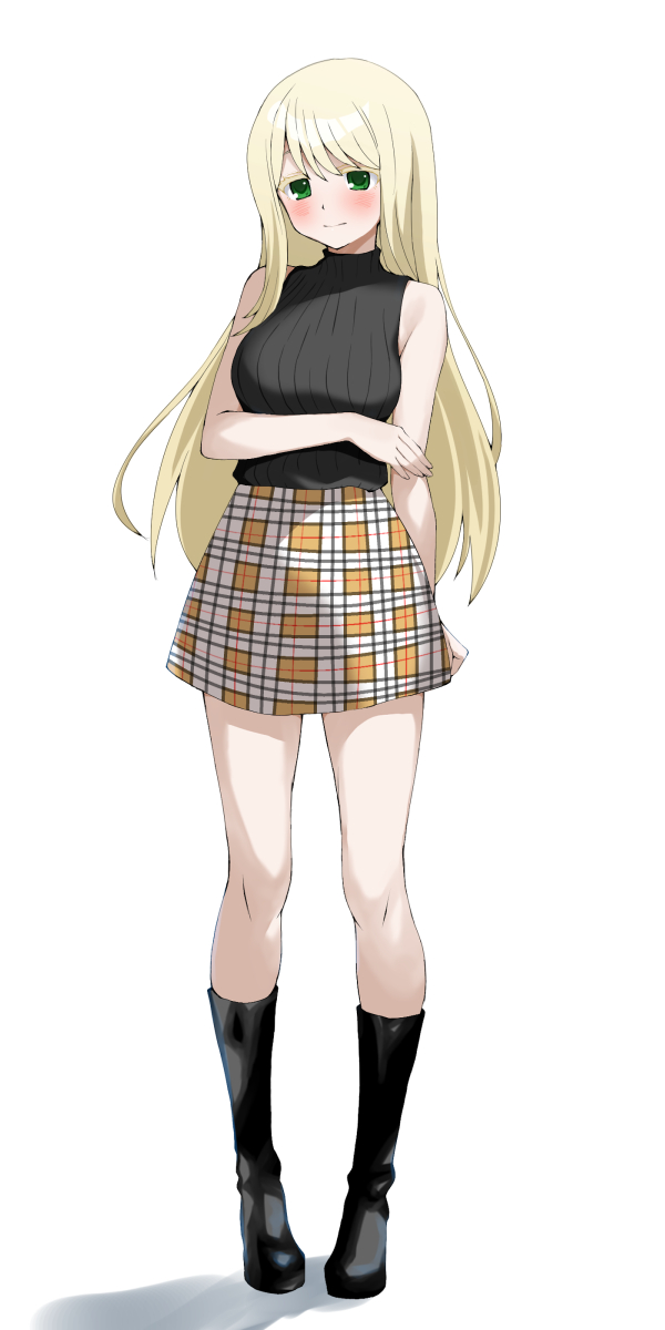 1girl, arm_under_breasts, bare_arms, bare_shoulders, black_boots, black_sweater, blonde_hair, blush