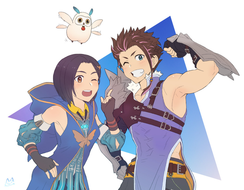 1boy, 1girl, amainu, armor, bare_shoulders, bird, black_hair, blue_eyes