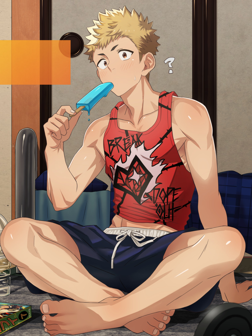 1boy, ?, amainu, barefoot, bedroom, blonde_hair, blue_shorts, brown_eyes, dumbbell, food, food_in_mouth, highres, holding, holding_food, holding_popsicle, ice_cream, indian_style, indoors, looking_at_viewer, male_focus, manga_(object), melting_popsicle, persona, persona_5, popsicle, popsicle_in_mouth, print_tank_top, red_tank_top, sakamoto_ryuuji, short_hair, shorts, sitting, solo, sweat, tank_top, toned, toned_male