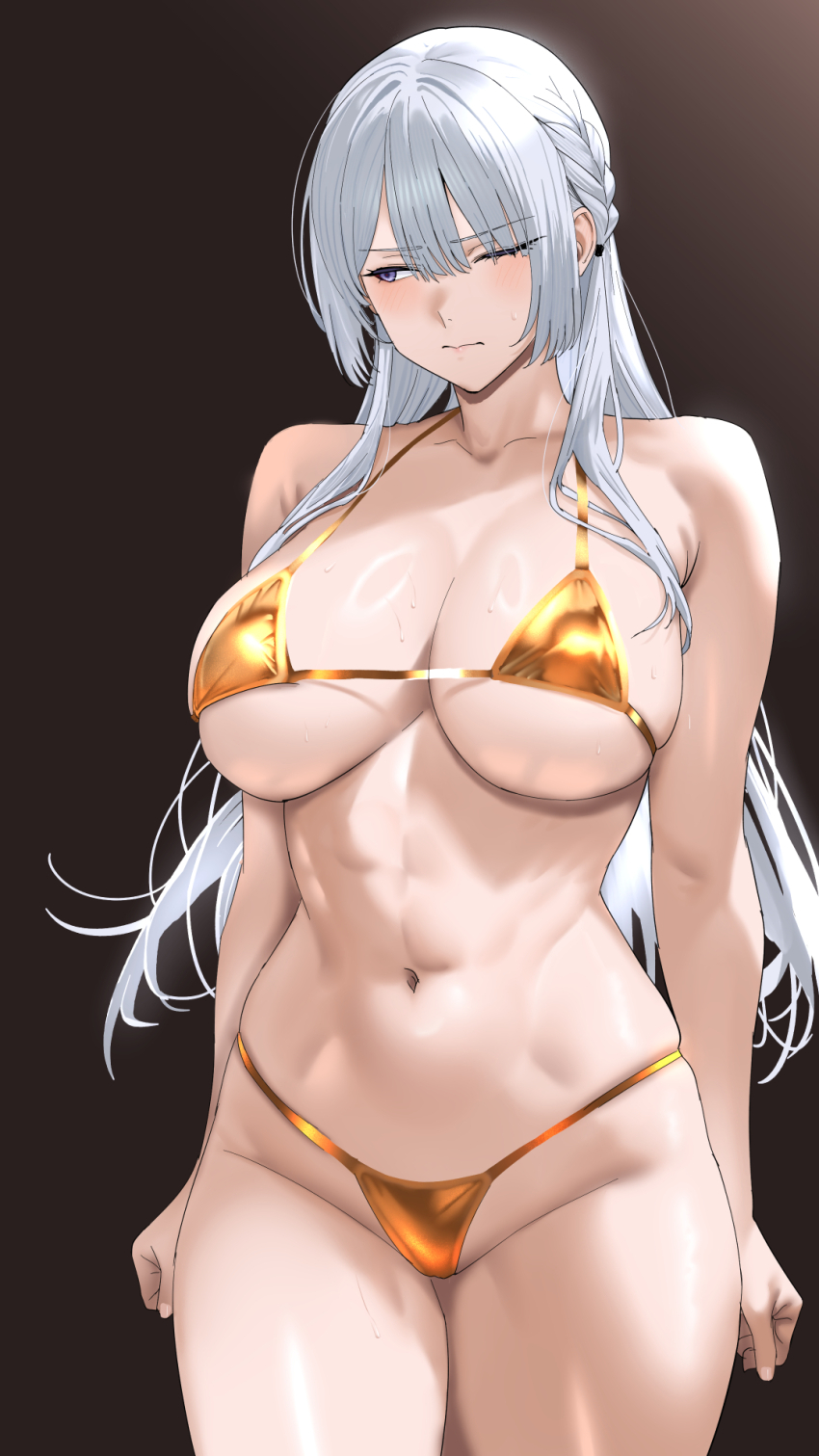 1girl, ak-15_(girls'_frontline), anakasakas, bikini, blush, breasts, collarbone, dark_background