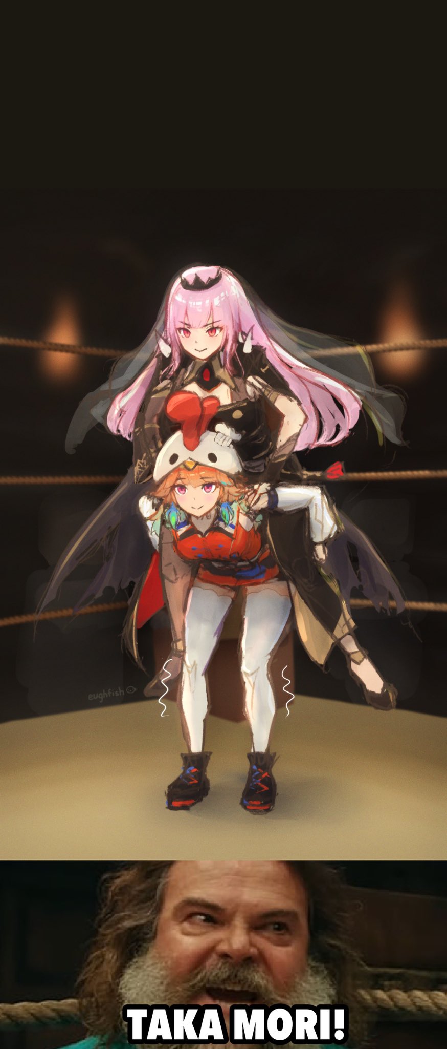 1boy, 2girls, :>, a_minecraft_movie, beard, black_cape, black_dress, black_shoes