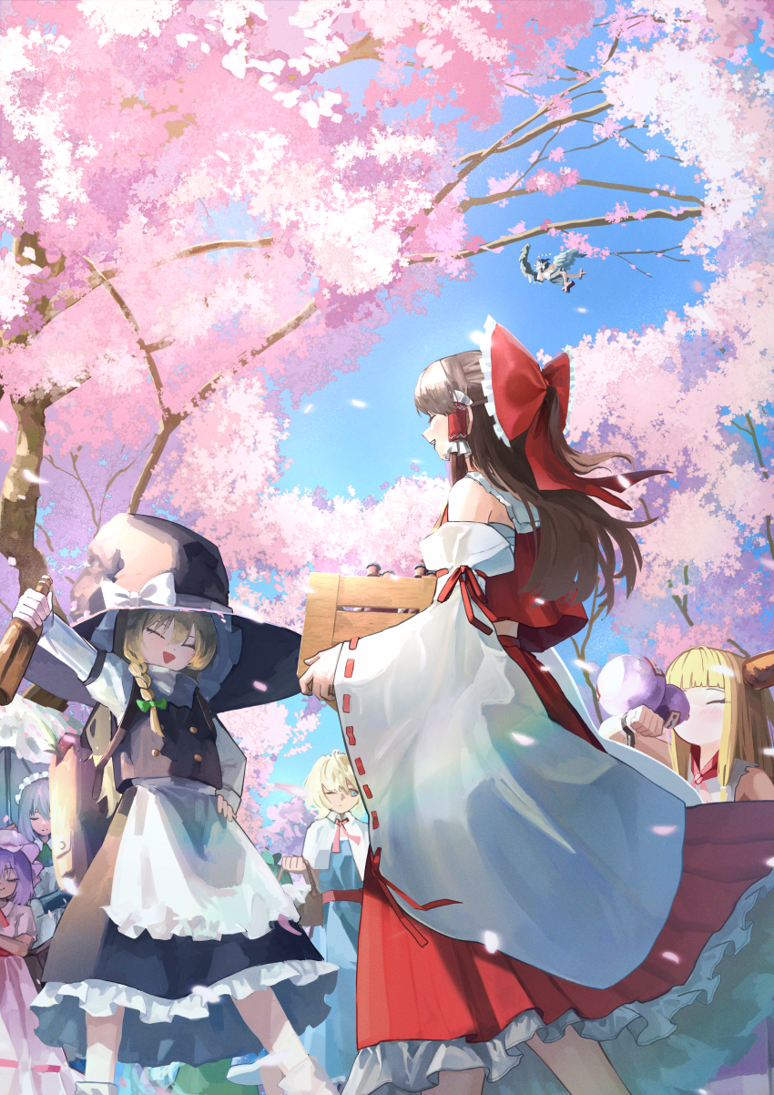 6+girls, :d, absurdres, alice_margatroid, apron, arm_ribbon, arm_up, backpack, bag, basket, beer_crate, black_hat, black_skirt, black_vest, black_wings, blonde_hair, blue_dress, blue_eyes, blue_sky, blunt_bangs, blush, bottle, bow, braid, brown_hair, brown_horns, buttons, camera, capelet, cherry_blossoms, clear_sky, closed_eyes, collar, collared_capelet, commentary_request, crate, crossed_arms, cuffs, day, dedemaru, detached_sleeves, dot_nose, dress, drinking, facing_another, falling_petals, feathered_wings, feet_out_of_frame, film_grain, floating_hair, flying, frilled_hair_tubes, frilled_skirt, frills, from_below, geta, glass_bottle, glowing, glowing_petals, gourd, green_bow, grey_hair, hair_between_eyes, hair_bow, hair_tubes, hakurei_reimu, half_updo, hand_on_own_hip, hat, hat_bow, highres, holding, holding_basket, holding_bottle, holding_camera, holding_crate, holding_gourd, holding_picnic_basket, holding_umbrella, horns, ibuki_suika, izayoi_sakuya, kirisame_marisa, long_dress, long_hair, long_sidelocks, long_skirt, maid_headdress, medium_hair, mob_cap, multiple_girls, neckerchief, one_eye_closed, open_mouth, outdoors, outstretched_arm, parasol, petals, picnic_basket, pink_dress, pink_hat, pink_petals, ponytail, profile, purple_hair, red_bow, red_neckerchief, red_ribbon, red_sash, red_shirt, red_skirt, remilia_scarlet, ribbon, ribbon-trimmed_dress, ribbon-trimmed_sleeves, ribbon_trim, sarashi, sash, shameimaru_aya, shirt, short_sleeves, side_braid, sidelocks, skirt, skirt_set, sky, sleeveless, sleeveless_shirt, smile, standing, taking_picture, tengu-geta, tokin_hat, torn_clothes, torn_sleeves, touhou, tree, triangle_mouth, umbrella, vest, waist_apron, walking, white_apron, white_bow, white_capelet, white_collar, white_shirt, white_sleeves, white_umbrella, wide_brim, wide_sleeves, wings, witch_hat