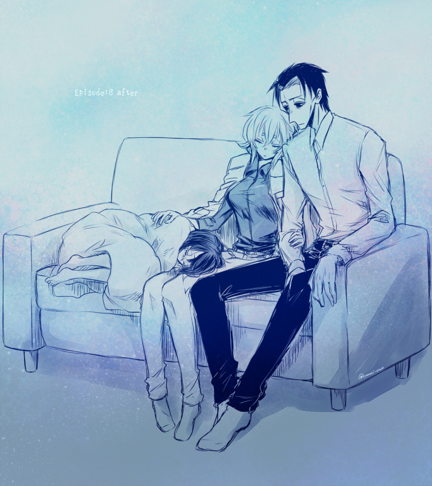 1boy, 2girls, asama_hirotaka, black_hair, blonde_hair, child, collared_shirt, comforting, couch, curled_up, hand_on_another's_back, highres, horror_(theme), inubousaki_shioi, komachi_shun, multiple_girls, nikubami_honegishimi, on_couch, runarica0914, shirt, sleeping, sleeping_on_person, under_covers